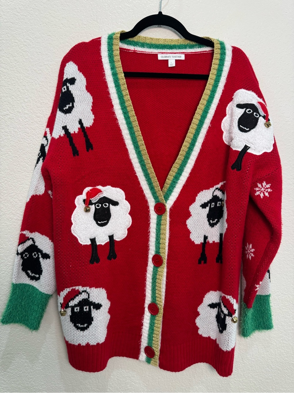 Celebrate Together Christmas Cardigan L Sheep Santa Bells Ugly Holiday Sweater